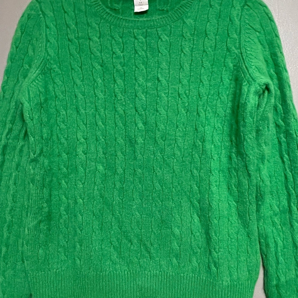 100% Cashmere 2 Ply Yarns Fisherman Cable Knit Small Green Crew Neck Sweater - Picture 2 of 7